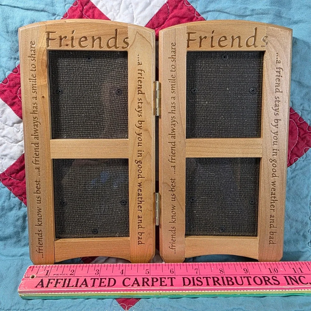 Friends Double Hinged Wood Picture Frame Excellent Engraved Quote Holds 4 Photos